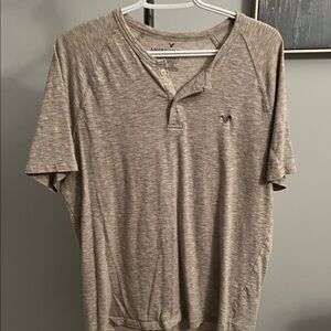 American Eagle Outfitters Men's Heathered Brown Henley Tee